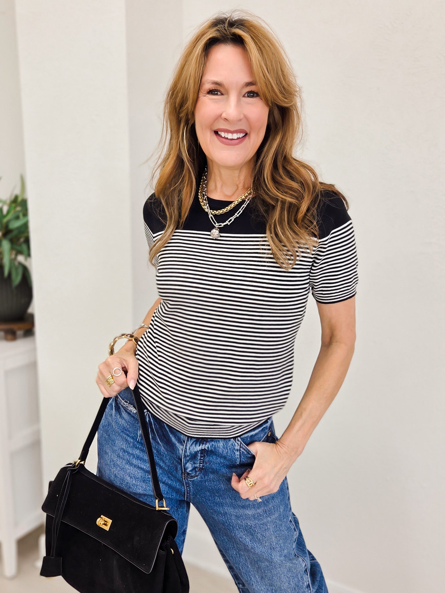 Simple Striped Crew Neck Short Sleeve Top
