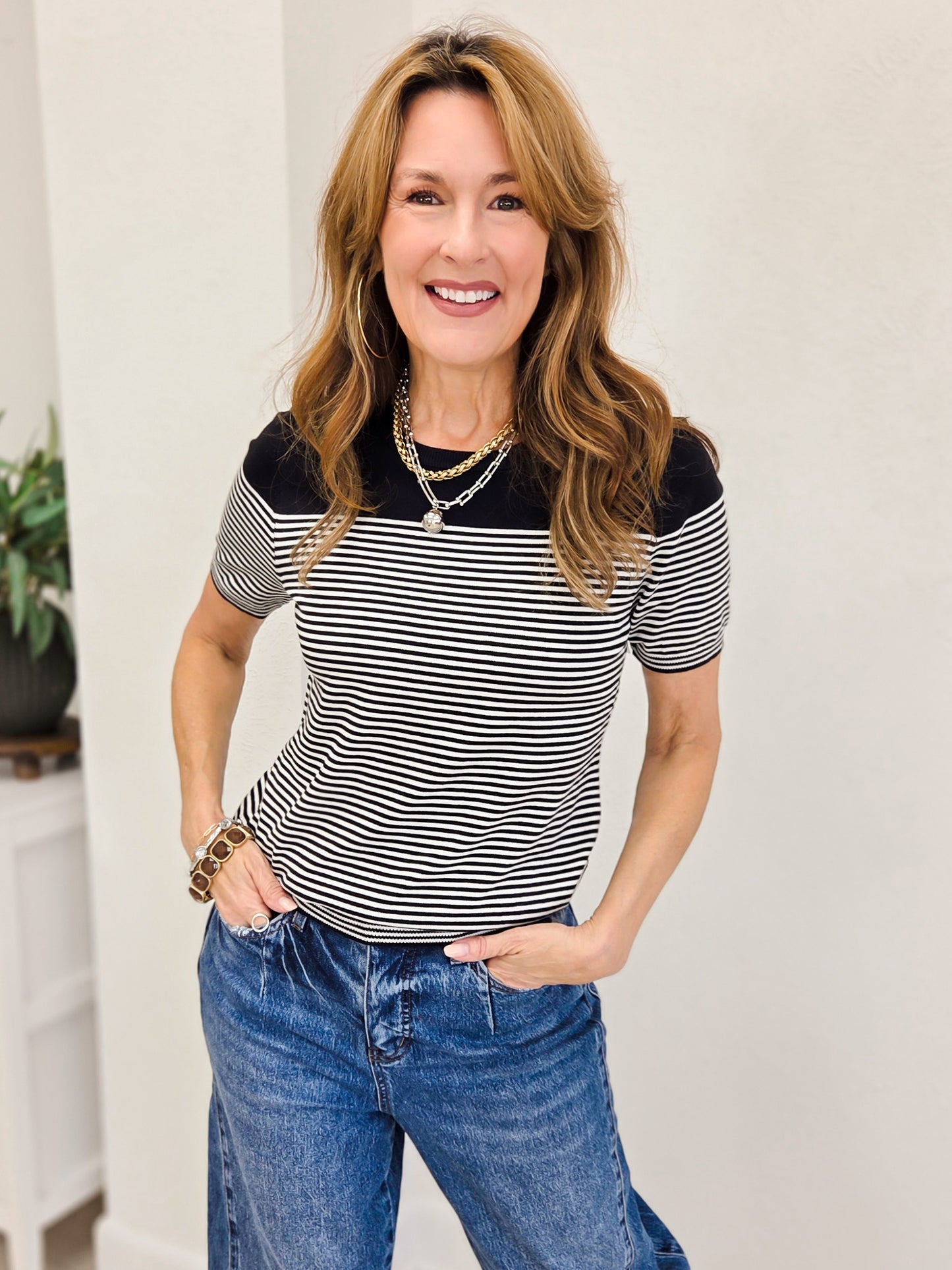 Simple Striped Crew Neck Short Sleeve Top