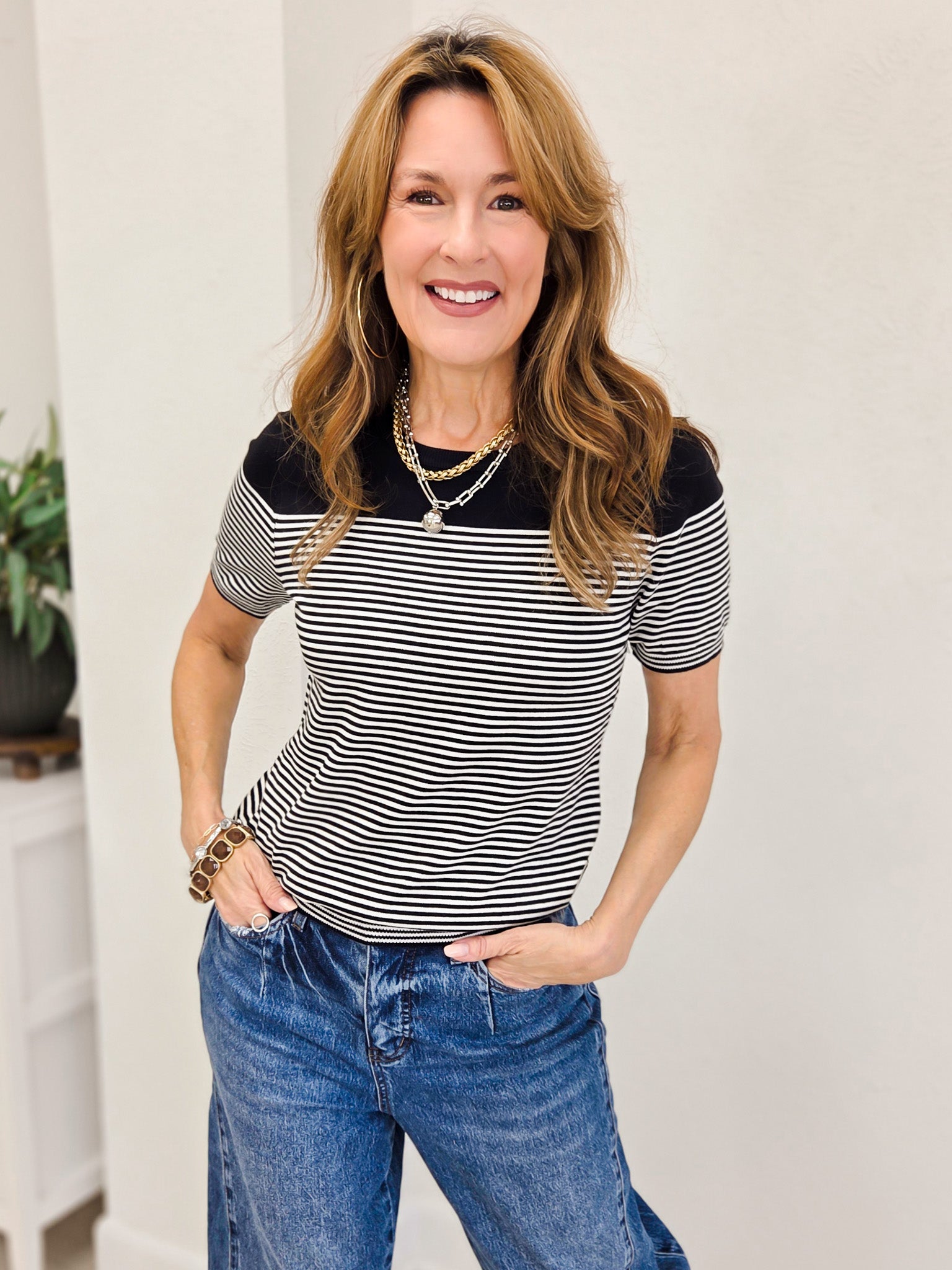 Simple Striped Crew Neck Short Sleeve Top
