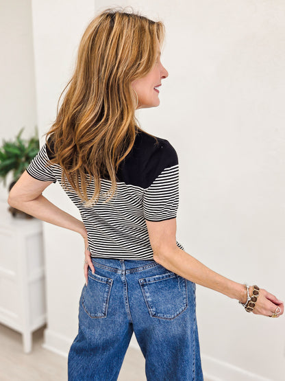 Simple Striped Crew Neck Short Sleeve Top