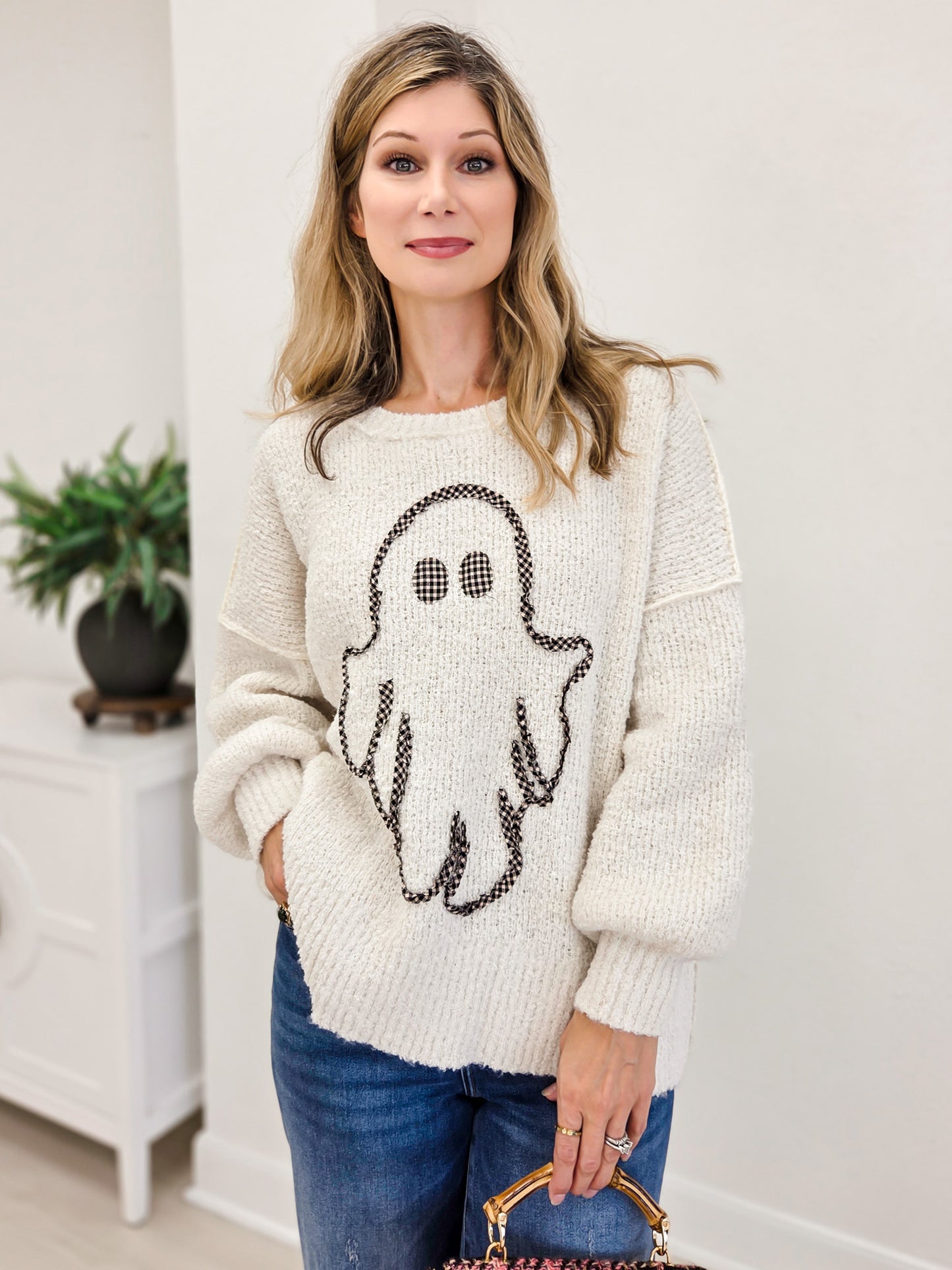 Gingham Ghost Detailed Oversized Sweater Top