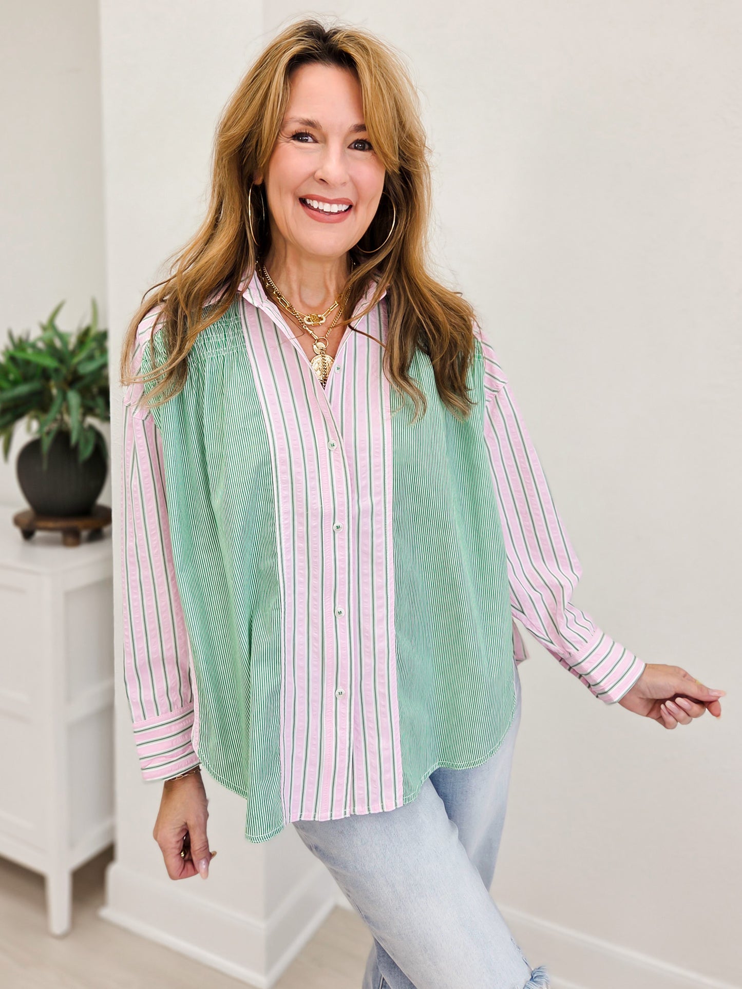Stripe Mixed Shirring Detail Long Sleeve Shirt