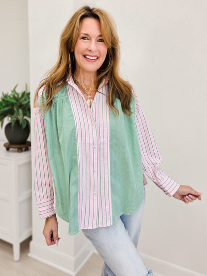 Stripe Mixed Shirring Detail Long Sleeve Shirt