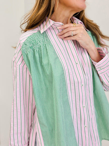 Stripe Mixed Shirring Detail Long Sleeve Shirt