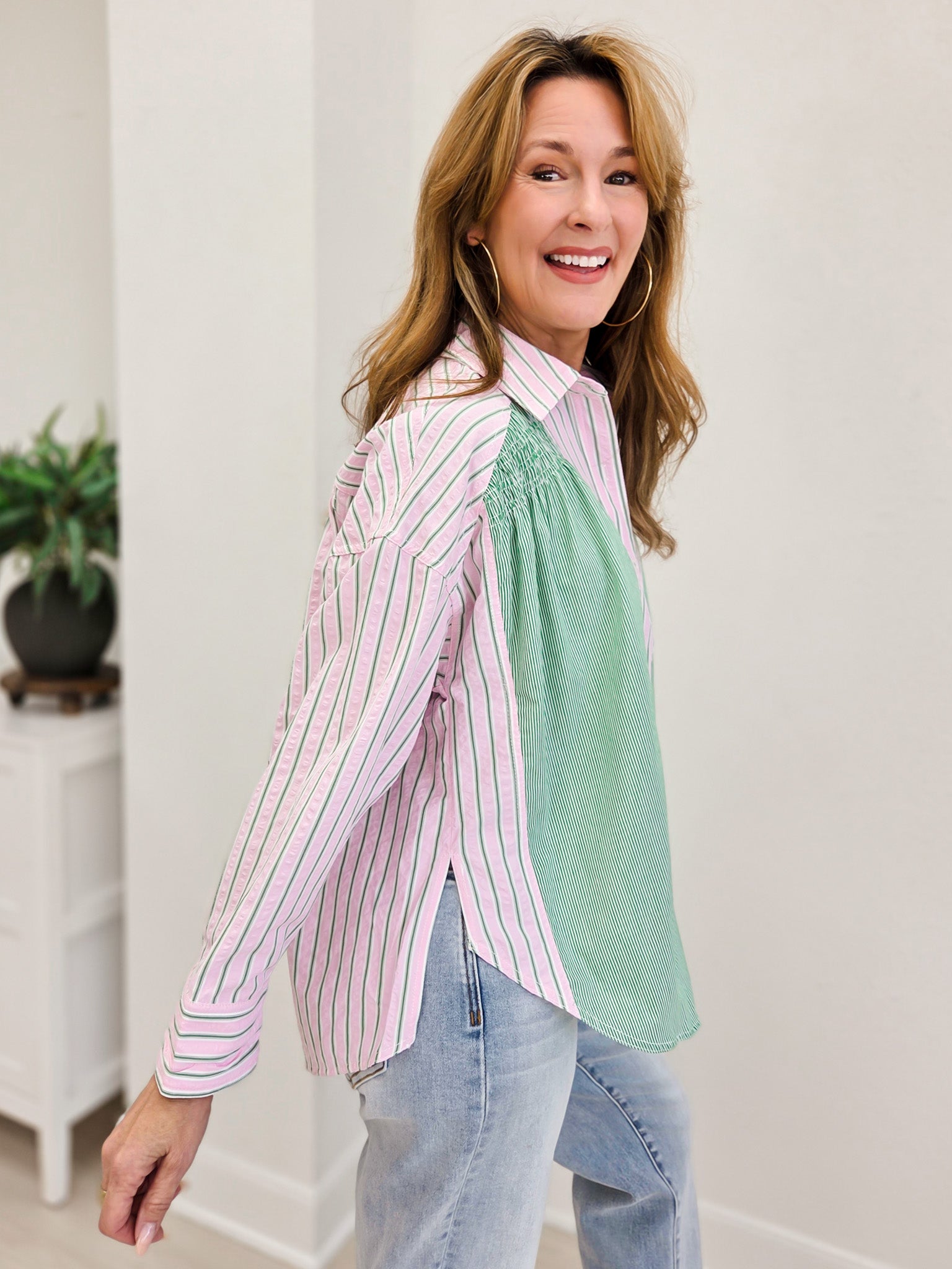 Stripe Mixed Shirring Detail Long Sleeve Shirt