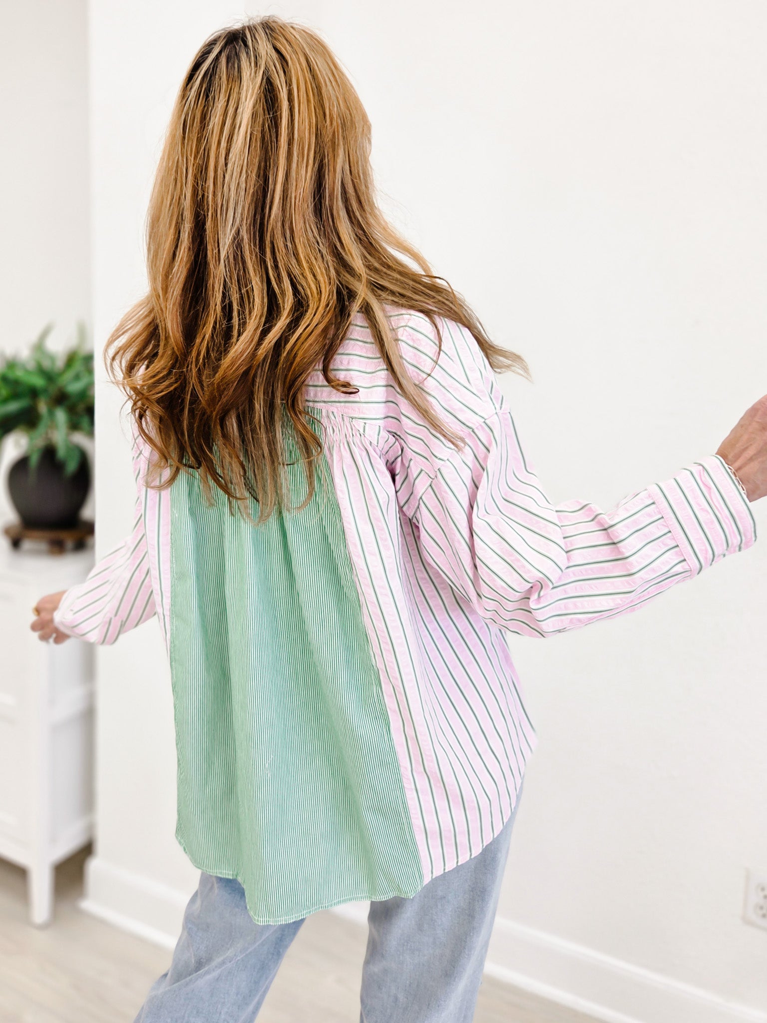 Stripe Mixed Shirring Detail Long Sleeve Shirt