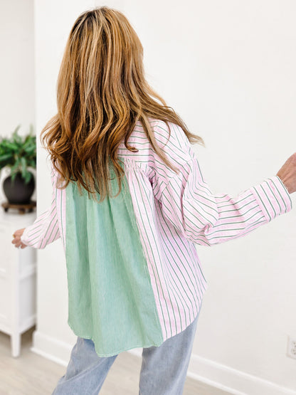 Stripe Mixed Shirring Detail Long Sleeve Shirt