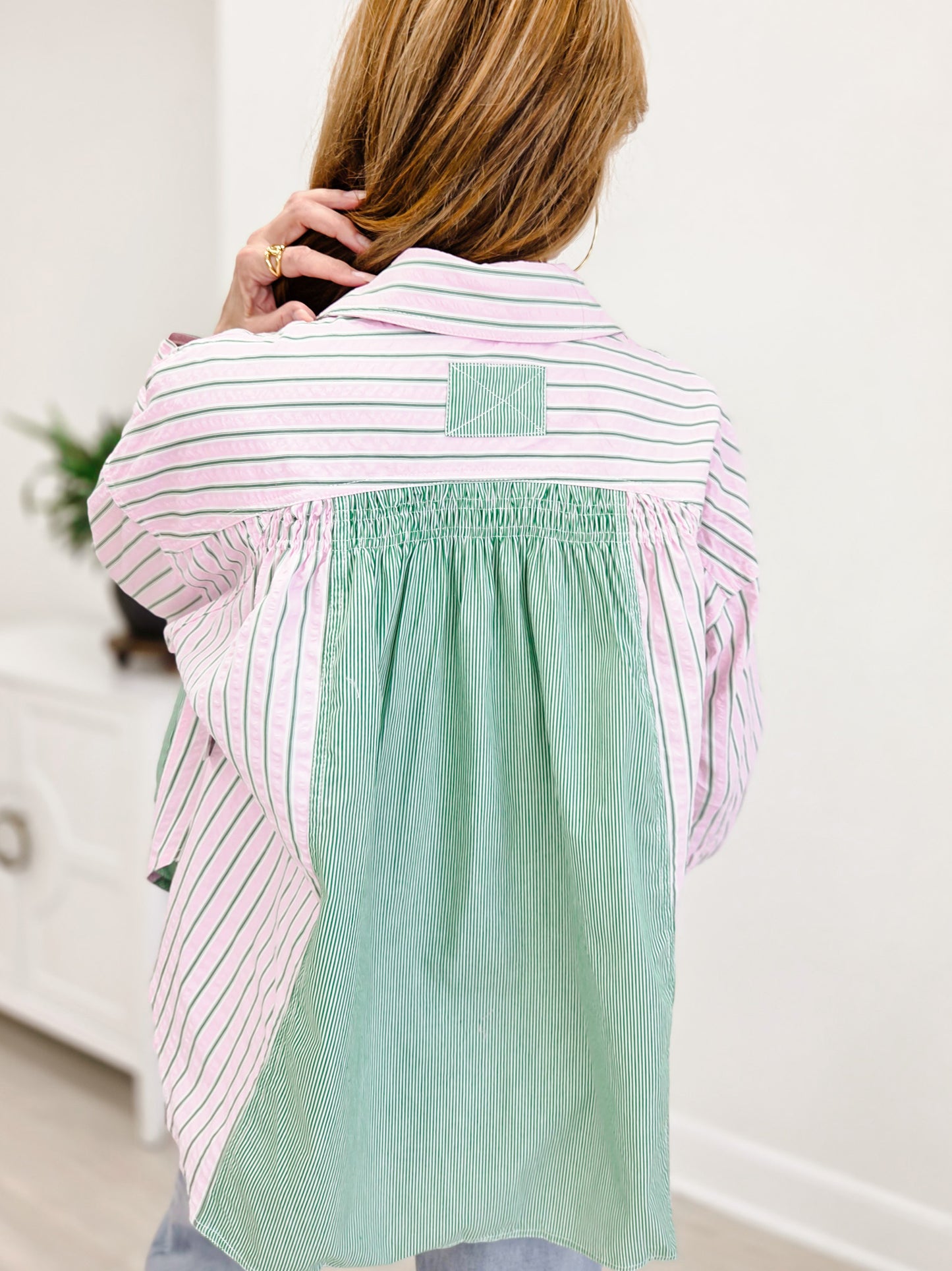 Stripe Mixed Shirring Detail Long Sleeve Shirt