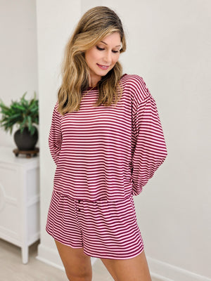 Stripe Brushed Knit Top And Short Set