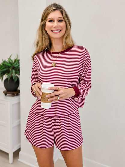 Stripe Brushed Knit Top And Short Set
