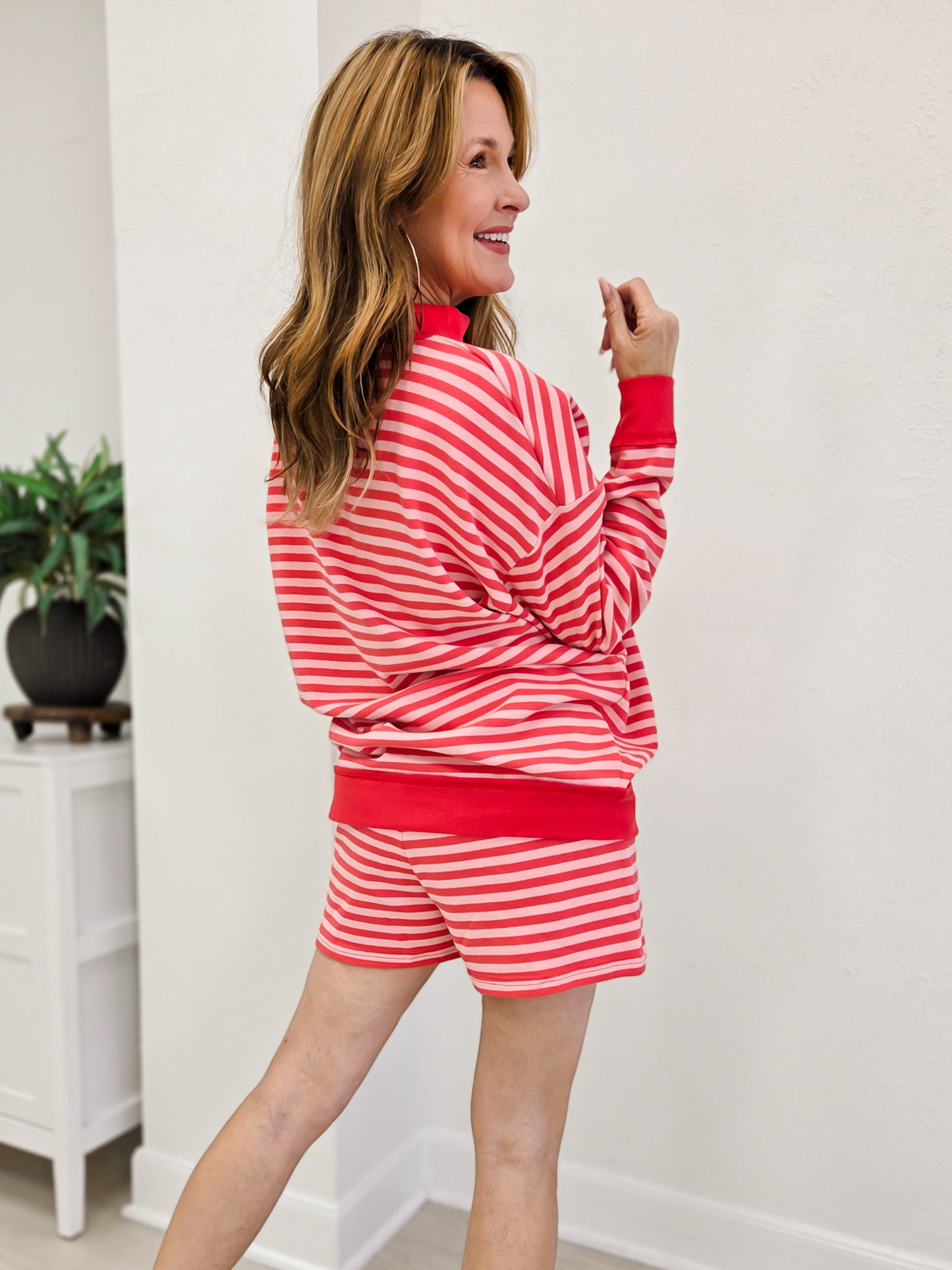 Stripe Mock Neck Brushed Sweatshirt And Shorts Set