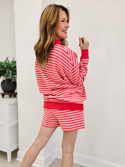 Stripe Mock Neck Brushed Sweatshirt And Shorts Set