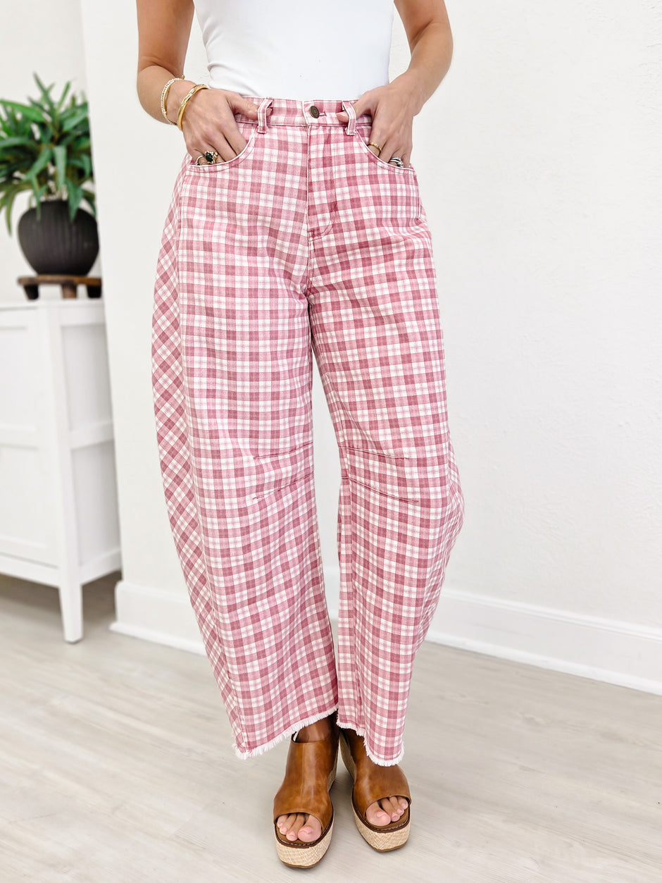 Plaid Printed Twill Barrel Pants-Pink