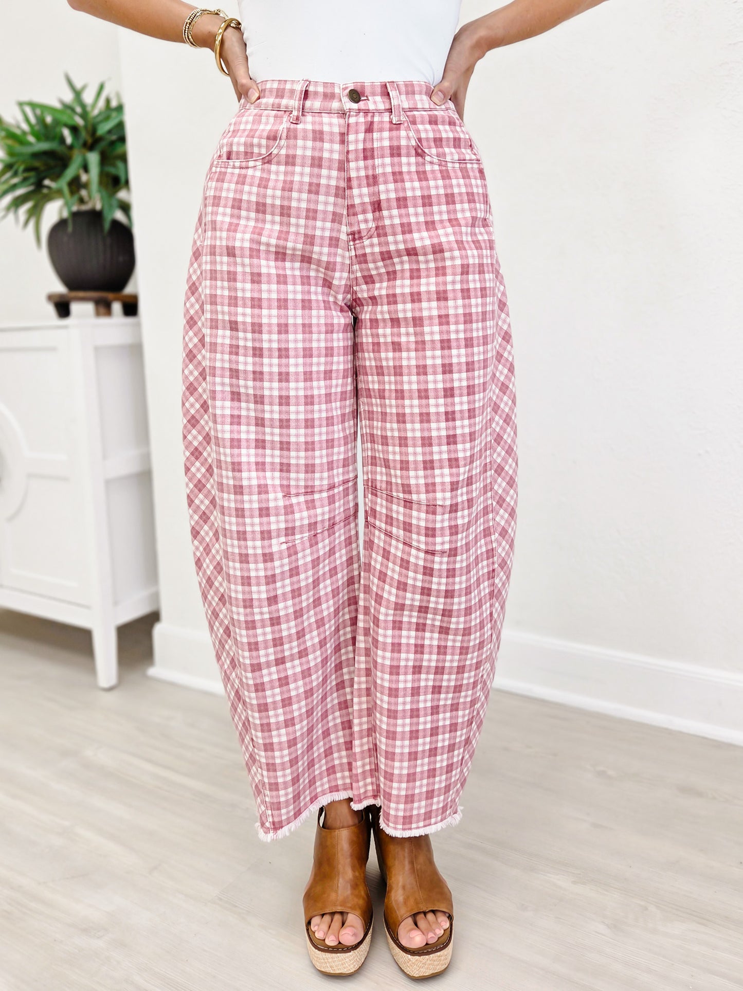 Plaid Printed Twill Barrel Pants-Pink