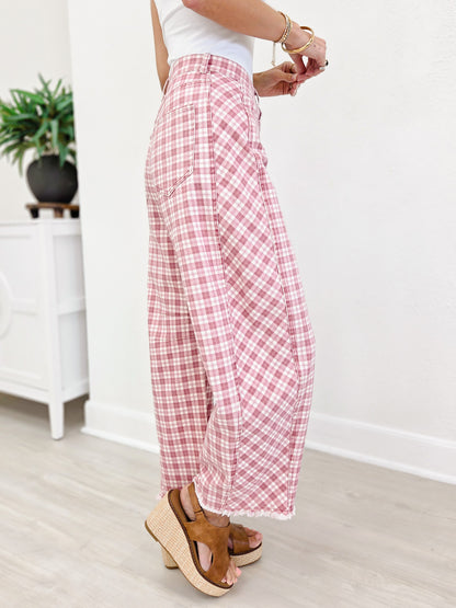 Plaid Printed Twill Barrel Pants-Pink