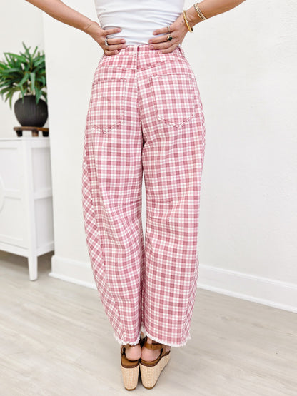Plaid Printed Twill Barrel Pants-Pink