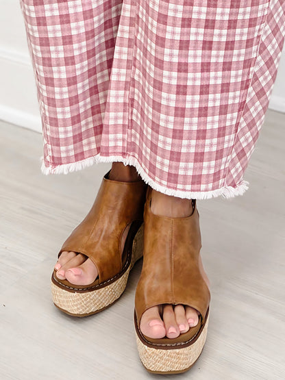 Plaid Printed Twill Barrel Pants-Pink