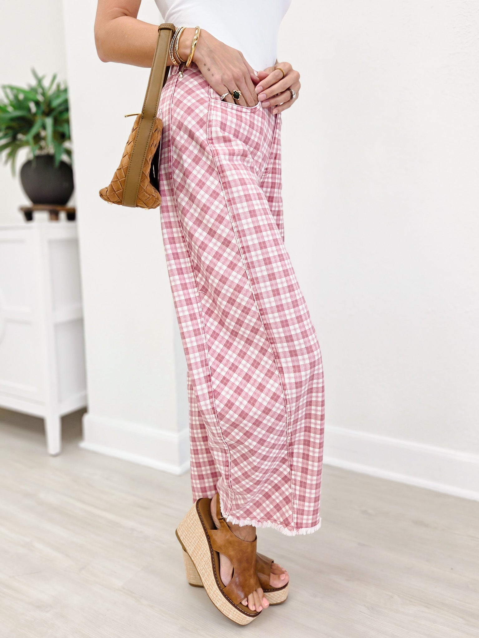 Plaid Printed Twill Barrel Pants-Pink