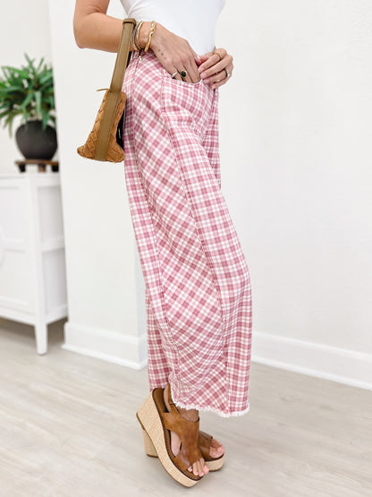 Plaid Printed Twill Barrel Pants-Pink