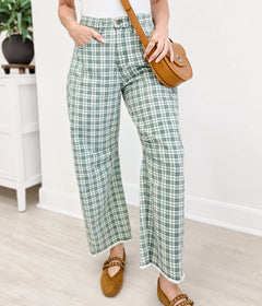 Plaid Printed Twill Barrel Pants-Green