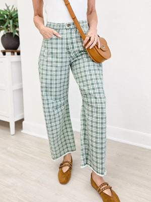 Plaid Printed Twill Barrel Pants-Green