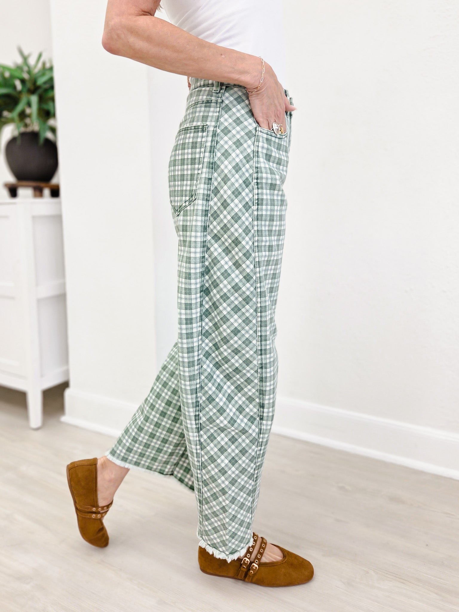 Plaid Printed Twill Barrel Pants-Green