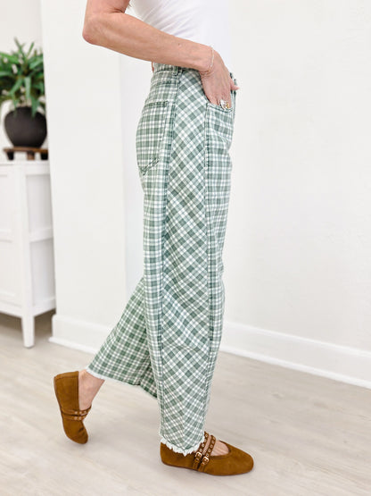 Plaid Printed Twill Barrel Pants-Green