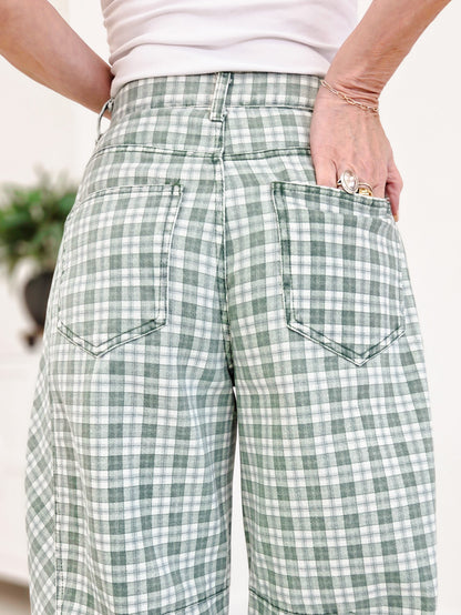Plaid Printed Twill Barrel Pants-Green