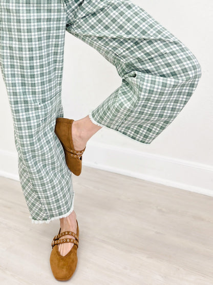 Plaid Printed Twill Barrel Pants-Green
