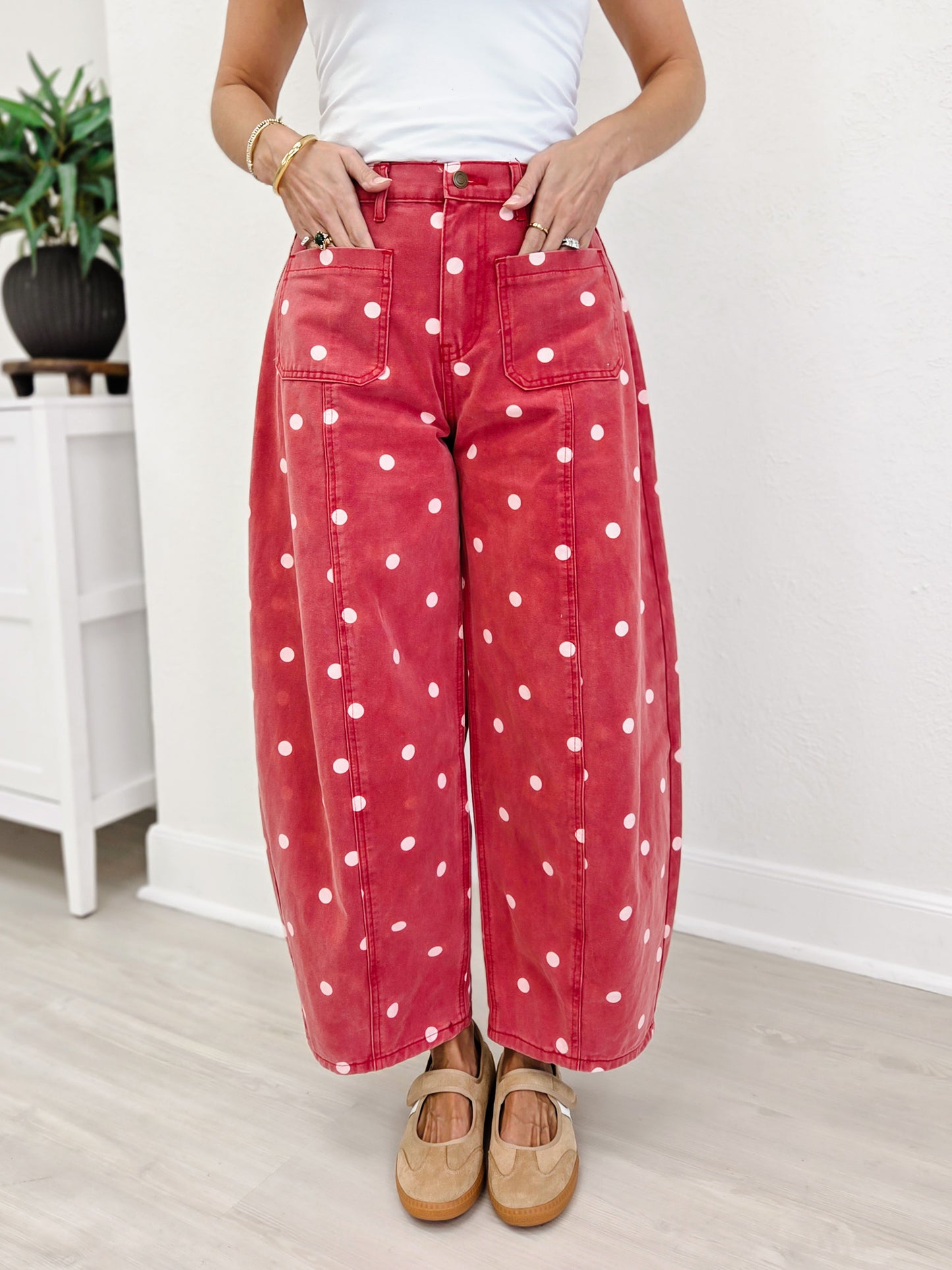 Polka Dot Twill Denim Barrel Pants With Pockets-Brick Wash