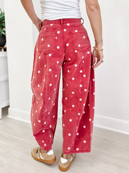 Polka Dot Twill Denim Barrel Pants With Pockets-Brick Wash