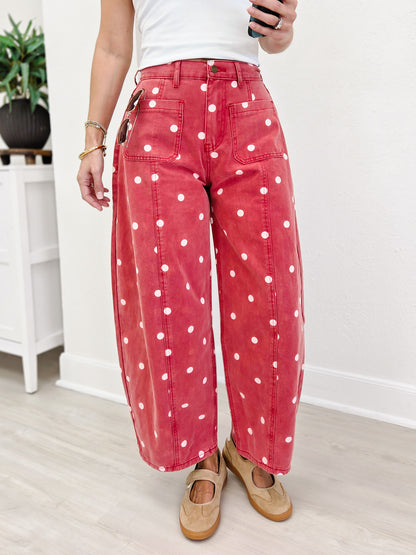 Polka Dot Twill Denim Barrel Pants With Pockets-Brick Wash