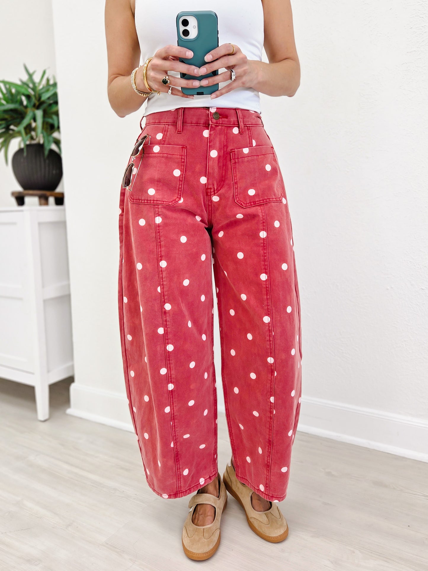 Polka Dot Twill Denim Barrel Pants With Pockets-Brick Wash