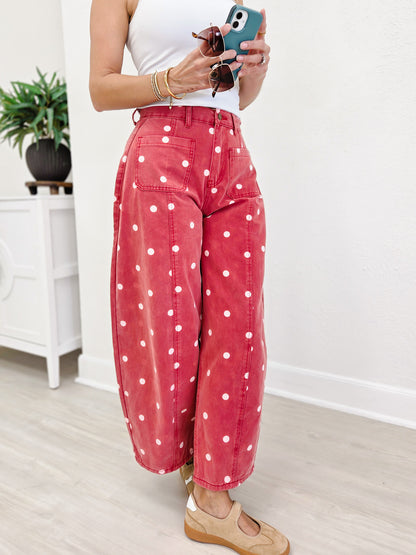 Polka Dot Twill Denim Barrel Pants With Pockets-Brick Wash