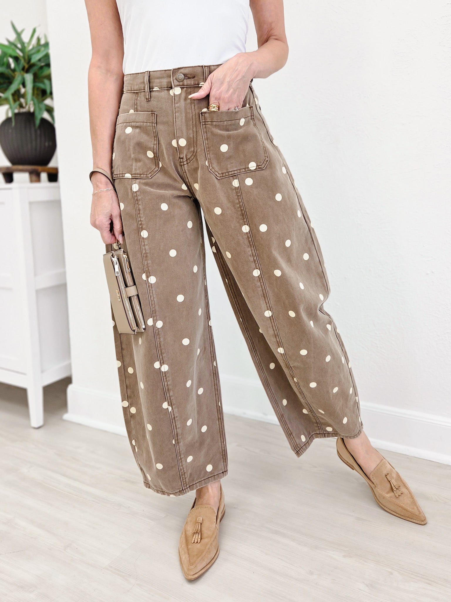 Polka Dot Twill Denim Barrel Pants With Pockets-Brown Wash