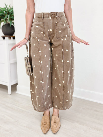 Polka Dot Twill Denim Barrel Pants With Pockets-Brown Wash
