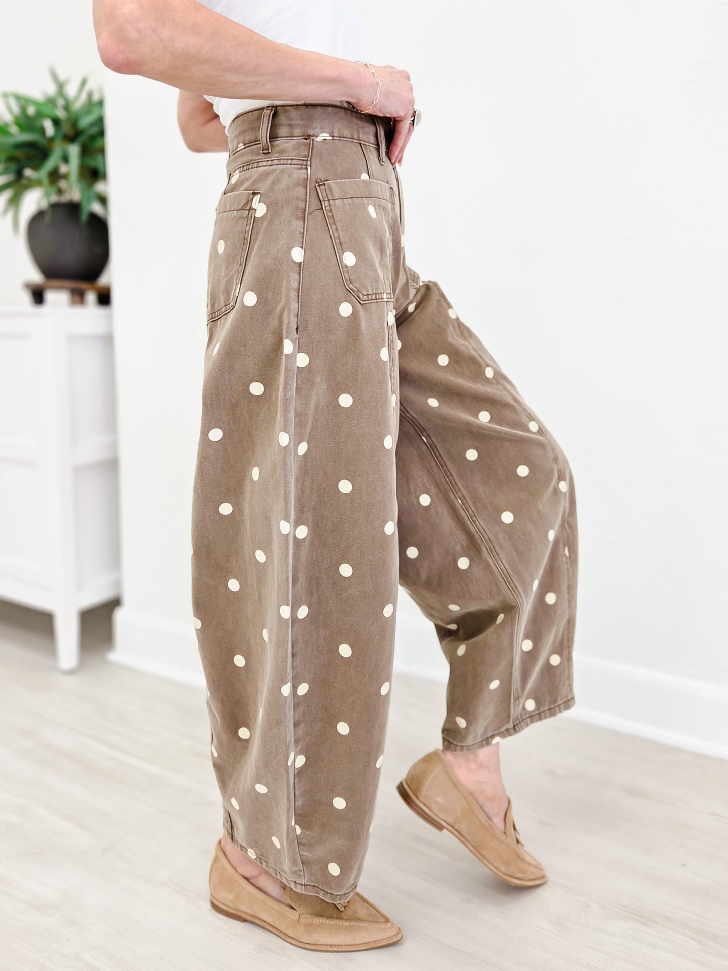 Polka Dot Twill Denim Barrel Pants With Pockets-Brown Wash