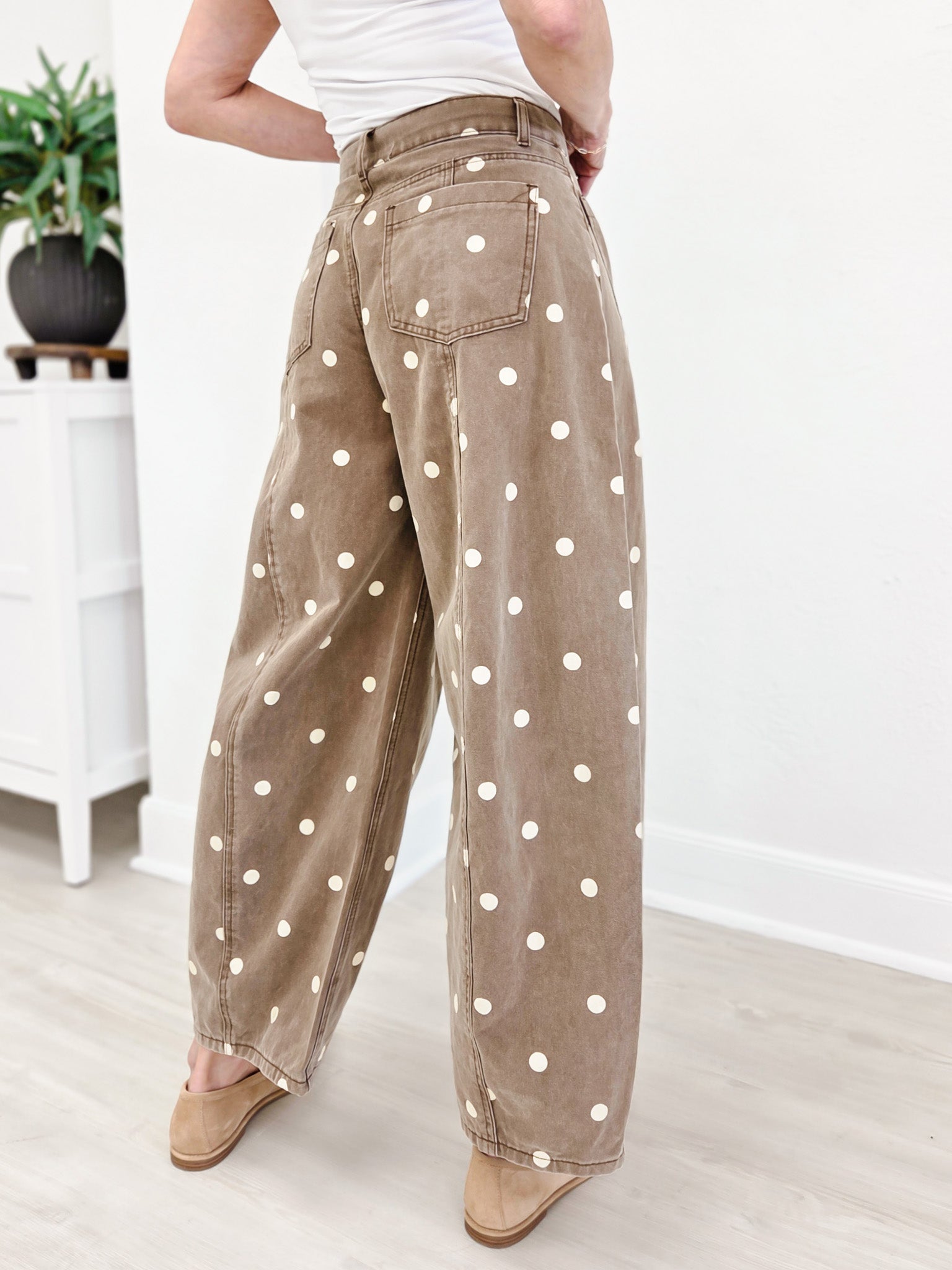 Polka Dot Twill Denim Barrel Pants With Pockets-Brown Wash