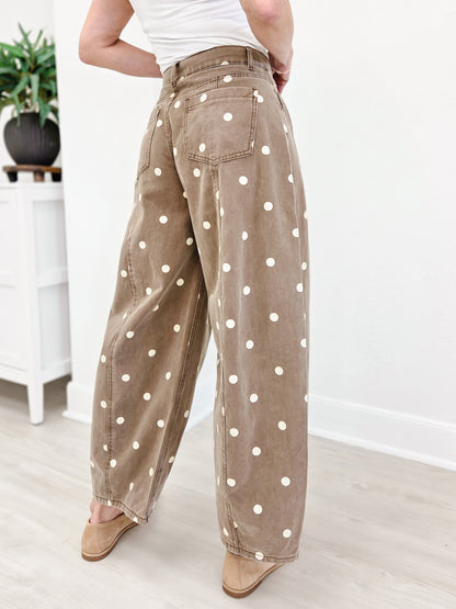 Polka Dot Twill Denim Barrel Pants With Pockets-Brown Wash