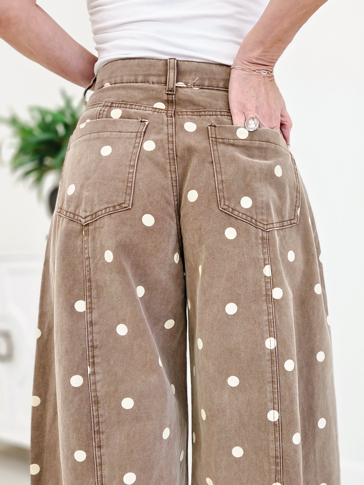 Polka Dot Twill Denim Barrel Pants With Pockets-Brown Wash