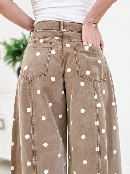 Polka Dot Twill Denim Barrel Pants With Pockets-Brown Wash