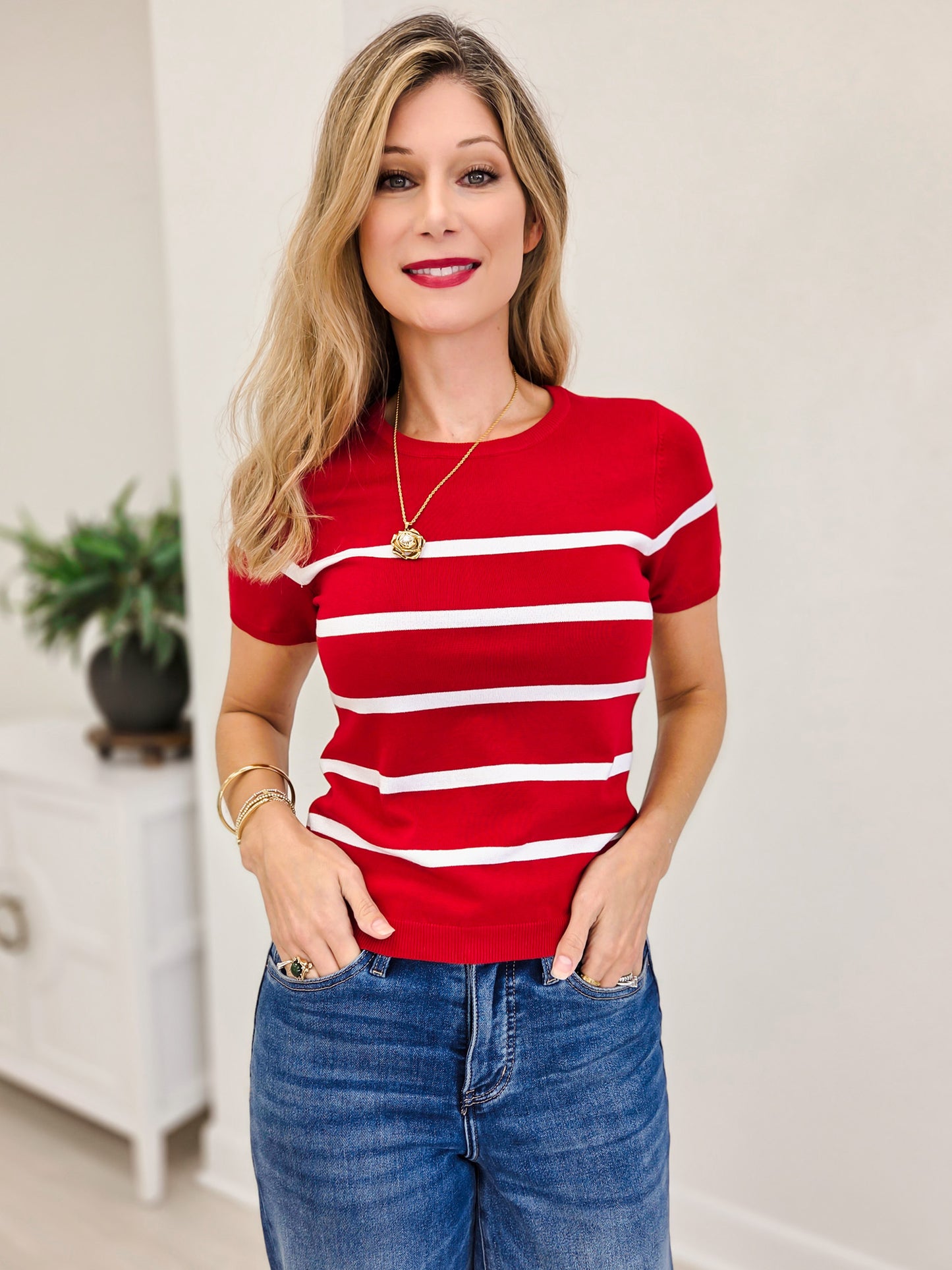 Stripe Pull Over Sweater Top- Red