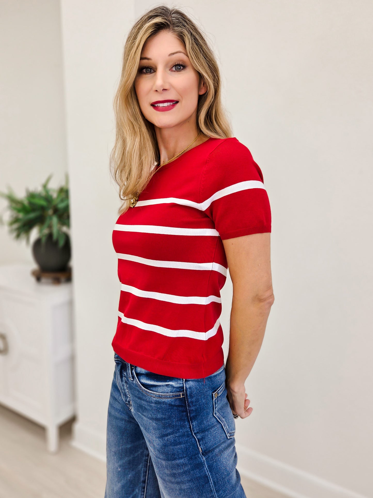 Stripe Pull Over Sweater Top- Red