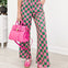 High Waist Checkered Straight Leg Knit Pants-Pink And Green