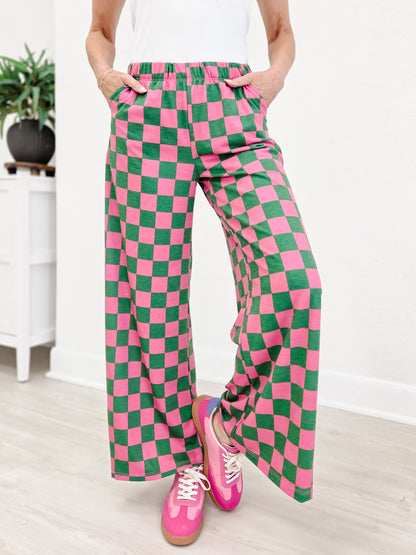 High Waist Checkered Straight Leg Knit Pants-Pink And Green