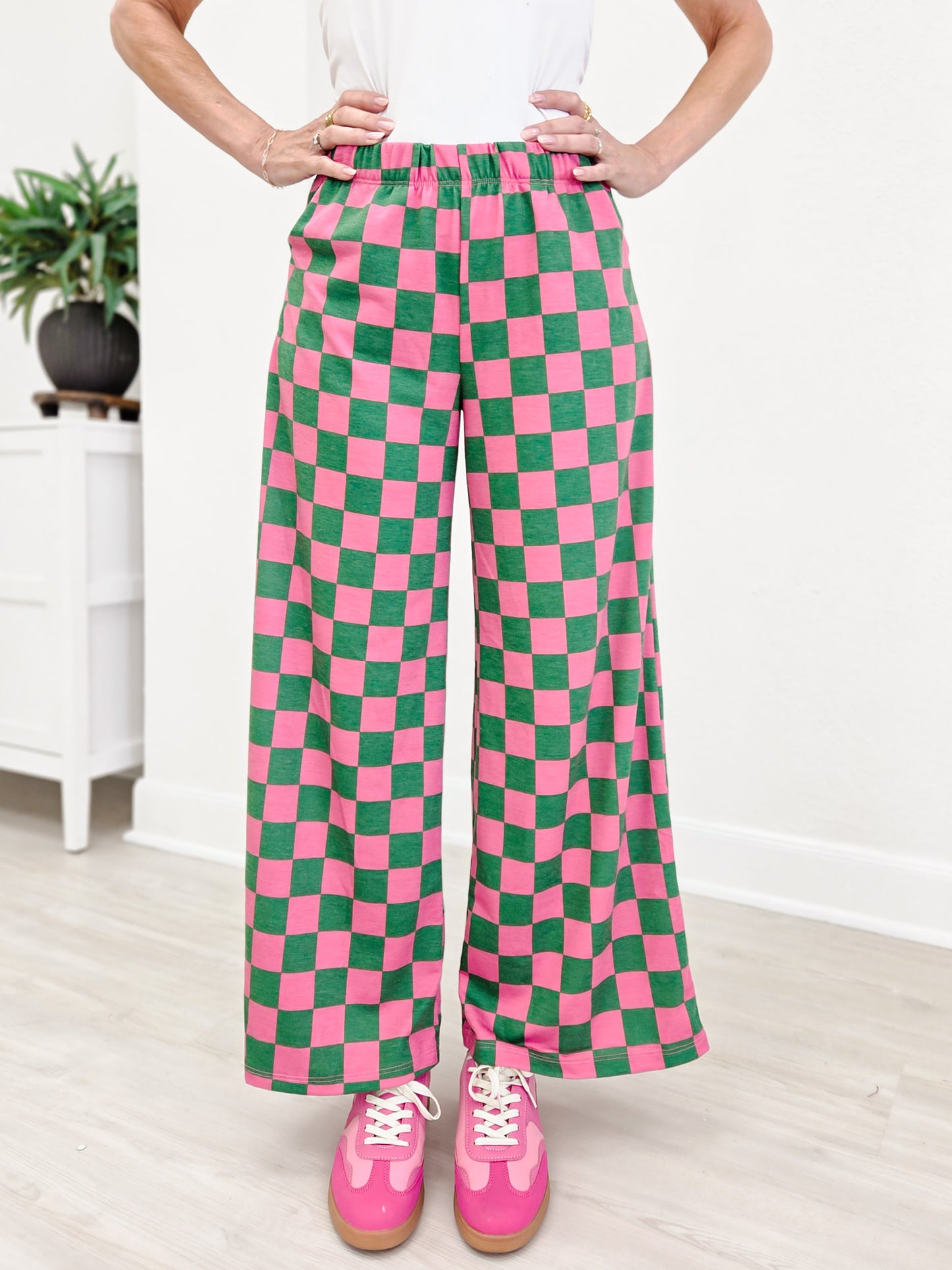 High Waist Checkered Straight Leg Knit Pants-Pink And Green