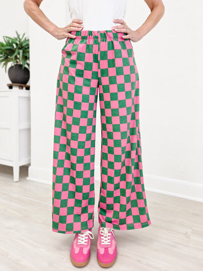 High Waist Checkered Straight Leg Knit Pants-Pink And Green