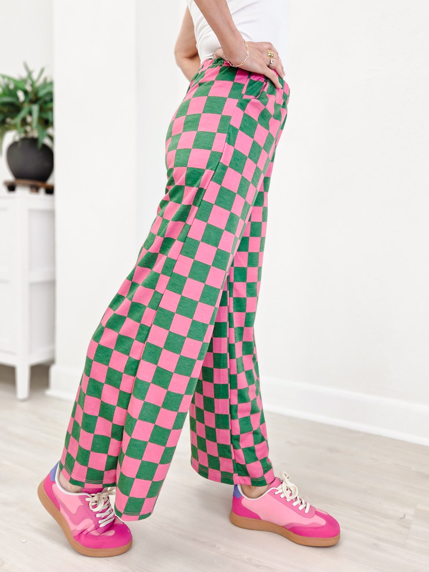 High Waist Checkered Straight Leg Knit Pants-Pink And Green