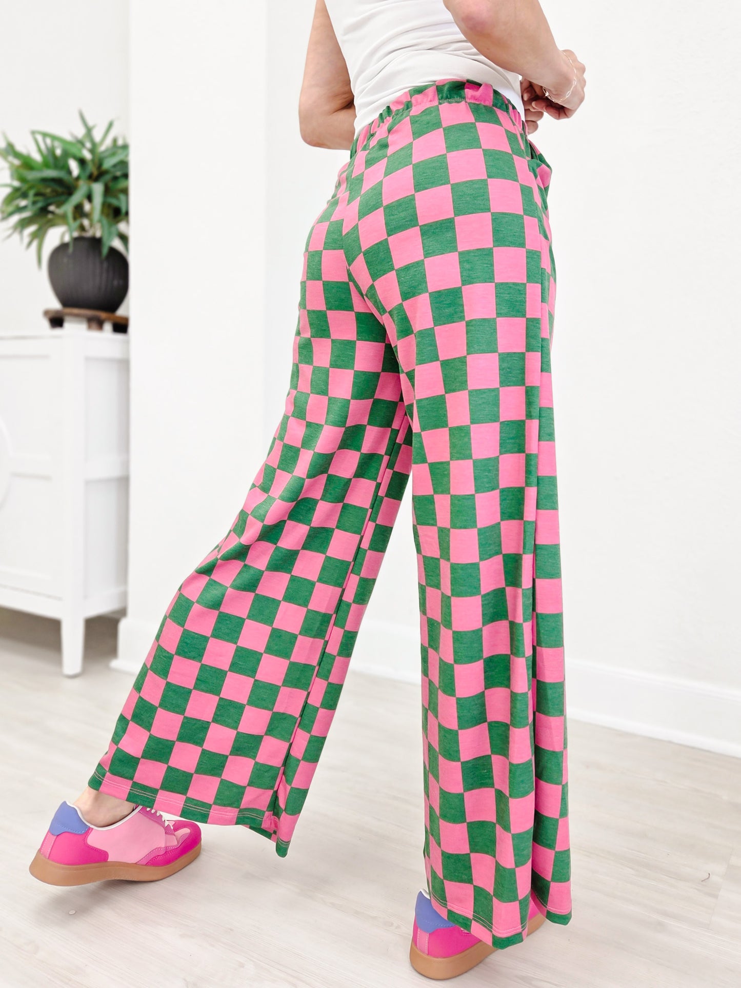High Waist Checkered Straight Leg Knit Pants-Pink And Green