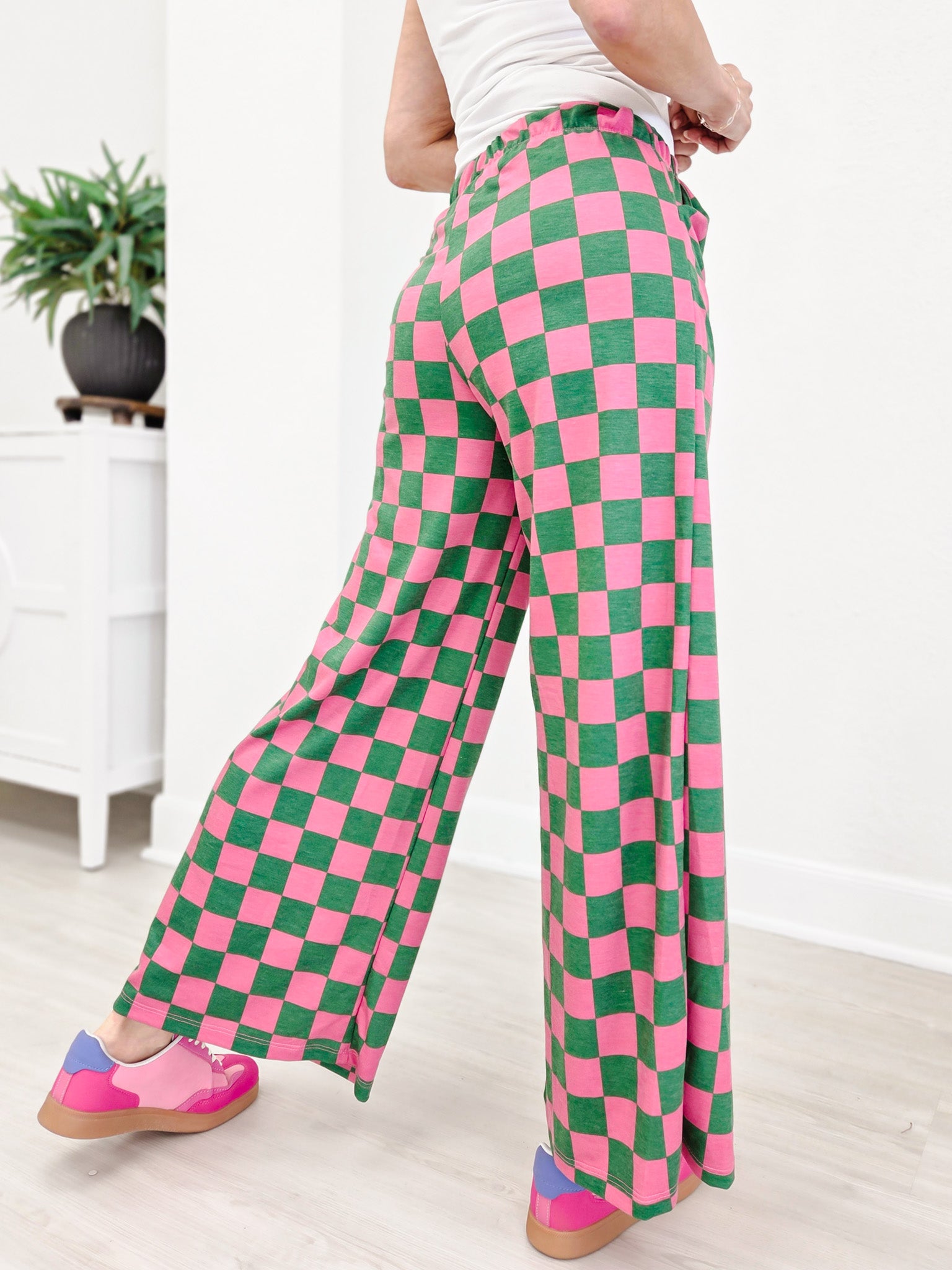 High Waist Checkered Straight Leg Knit Pants-Pink And Green